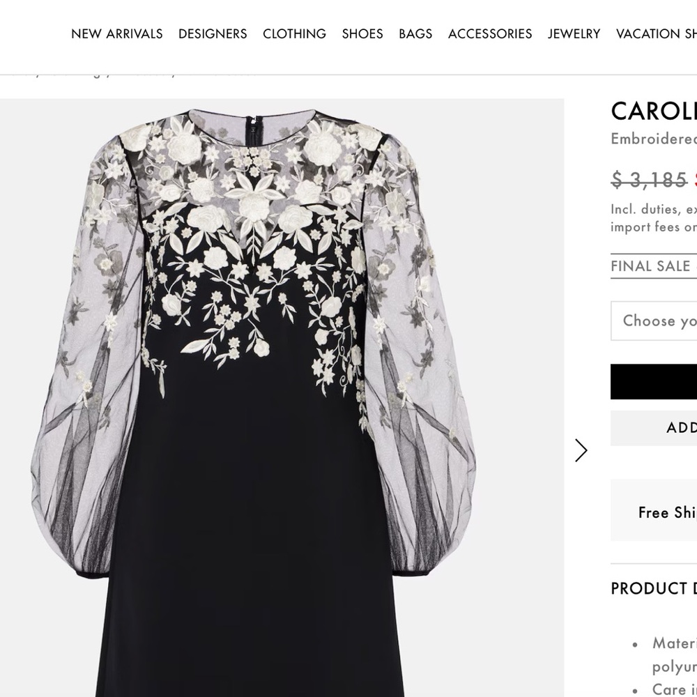 Carolina Herrera Black Dress with White Floral Design